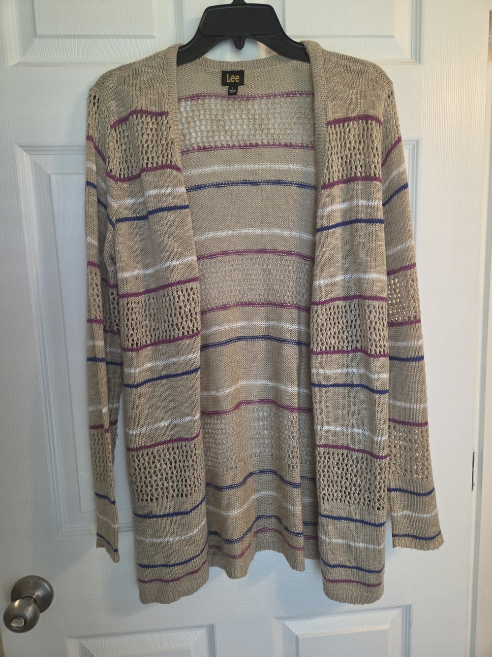 Lee Beige Open Cardigan with Pink and Blue Stripes